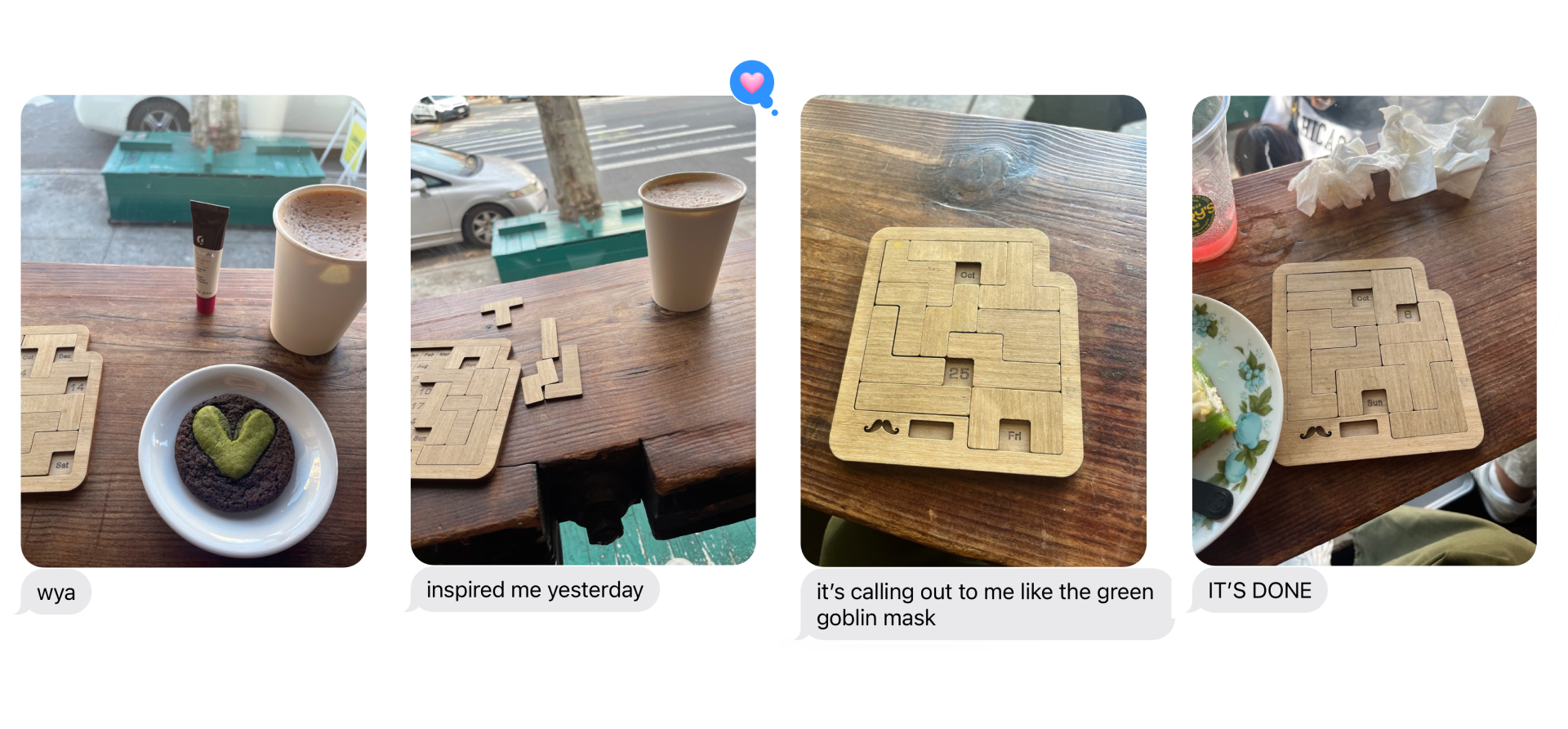 collage of text messages with photos of completed calendar puzzles